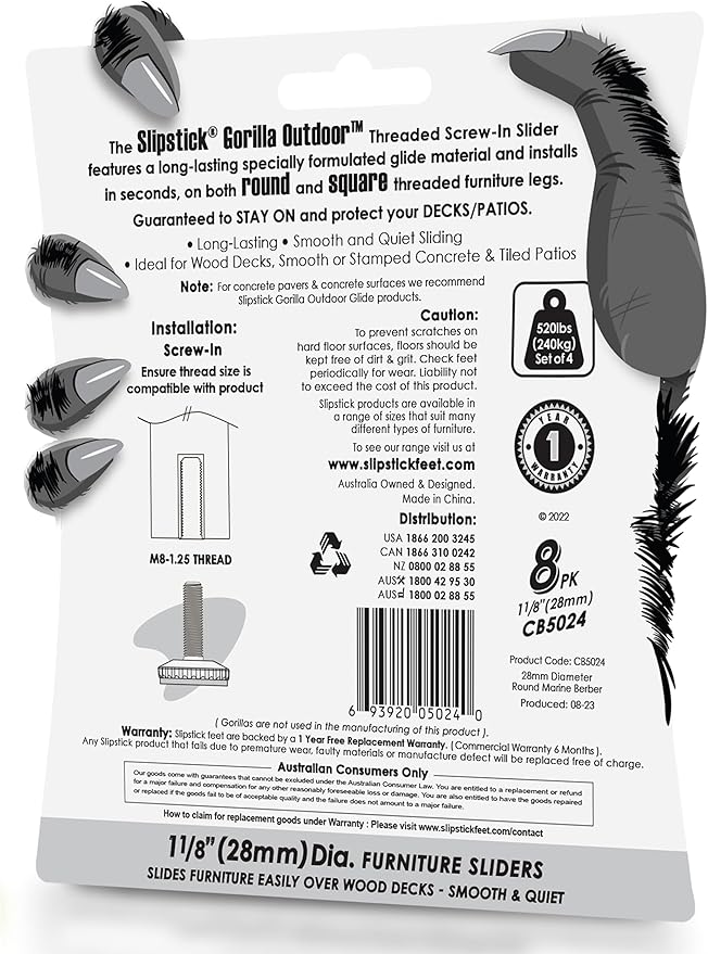 Slipstick Gorilla Outdoor Adjustable Furniture Levelers (8 Pack) Weatherproof Screw in Leg Glides for Chairs, Tables, and Outdoor Furniture Feet, 1-1/8 Inch Slider Glide, M8 Thread - Image 8
