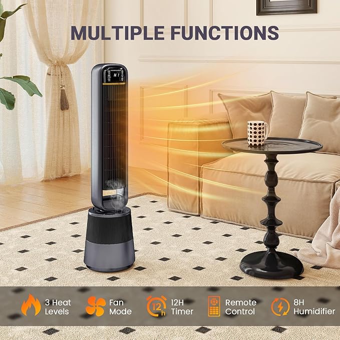 Zynkez 2-in-1 Space Heater with Humidifier, Heater and Fan Combo with 1.75L Water Tank, Thermostat Control, Dual-Motor Fan, 150° Oscillation, 35.5" Indoor Heater for Large Room Use Bedroom & Office - Image 5