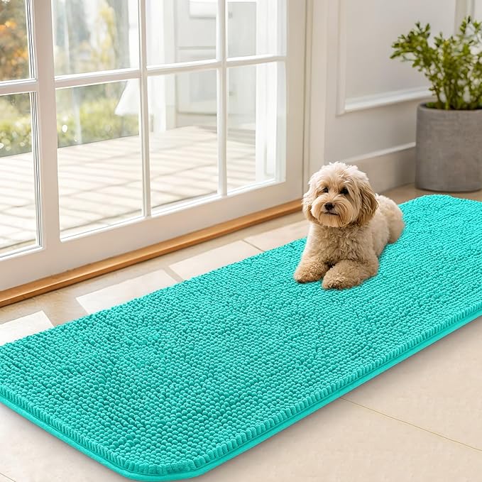 OLANLY Dog Door Mat for Muddy Paws 59x20, Absorbs Moisture and Dirt, Absorbent Non-Slip Washable Doormat, Quick Dry Chenille Mud Mat for Dogs, Entry Indoor Entryway Carpet for Inside Floor, Teal by OLANLY