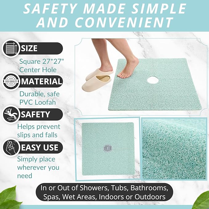 Enkosi Loofah Shower Mat with Drain Hole – Cushioned Anti-Slip Square Bath Mat for Showers, and Bathroom Floors – Textured PVC, Non Slip Safety Pad for Walk-in Stalls and Wet Areas (27x27 Aqua Green) - Image 3