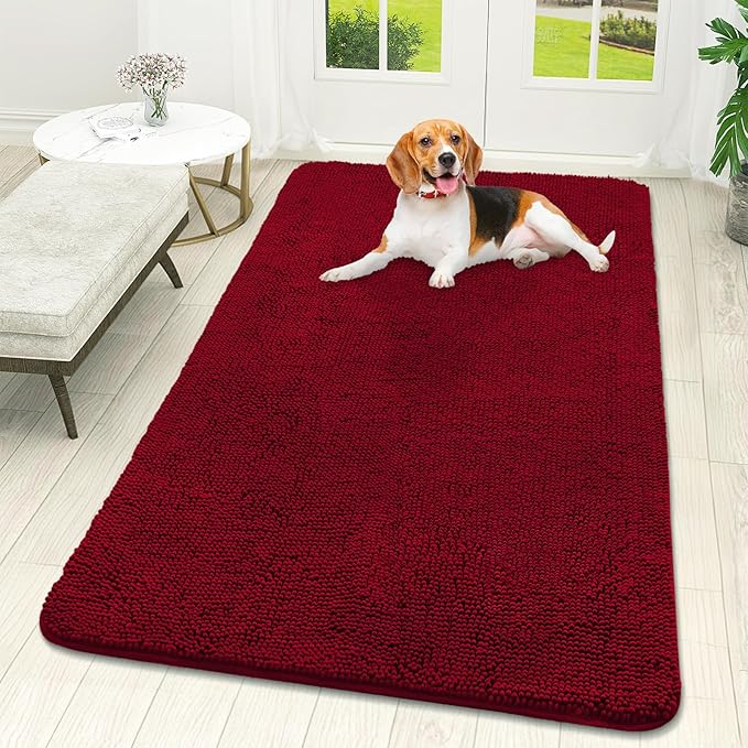 OLANLY Dog Door Mat for Muddy Paws 59x32, Absorbs Moisture and Dirt, Absorbent Non-Slip Washable Doormat, Quick Dry Chenille Mud Mat for Dogs, Entry Indoor Entryway Carpet for Inside Floor, Red by OLANLY