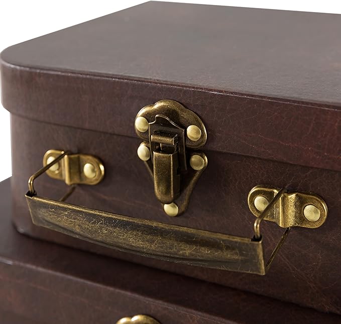 SLPR Paperboard Suitcases Set of 3, Brown Leather - Vintage Cardboard Suitcase Decor, Nesting Luggage Decorative Mache Boxes with Hinged Lids and Brass Handle, Mini Suitcases for Centerpieces - Image 4