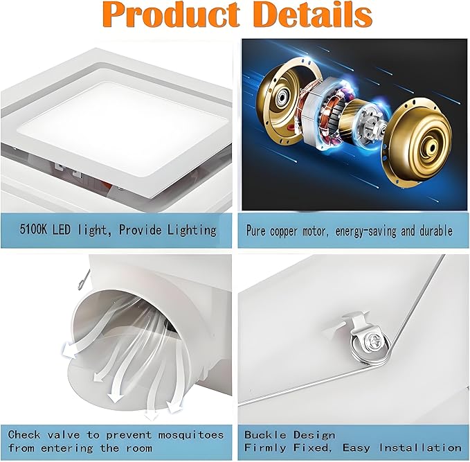 Bathroom Exhaust Fan with LED Light 8 inch Ceiling Mount Ventilation Fan 100 CFM,Voltage 110V,4 Inch Duct Quiet Bathroom Ventilation Exhaust Fan for Shower/Restroom/Office - Image 3
