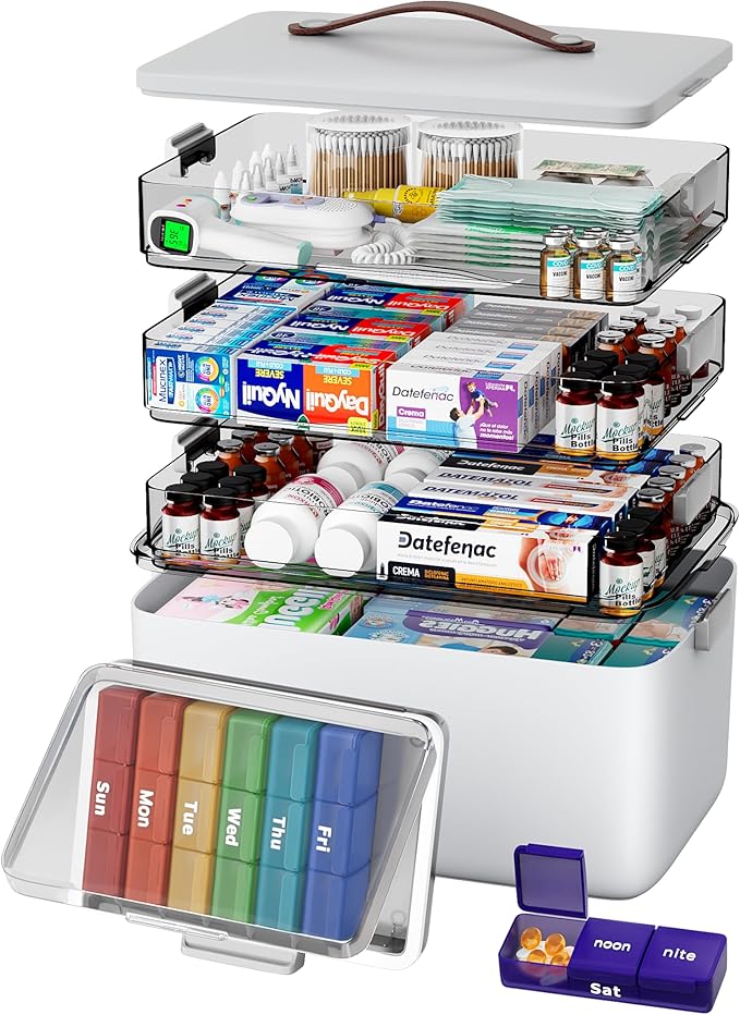 CTIME 4-Tier XL Medicine Organizer with Leather Handle - Portable Pill Case & Empty First Aid Kit for Home, Travel, RV, School, Dorm | Ideal Elderly Gift by CTIME