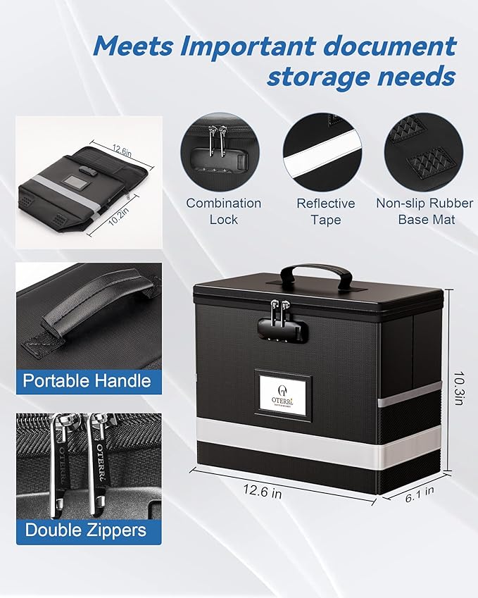 Oterri 2 Pack Fireproof Document Box With Lock, Portable File Safe Box Fireproof Waterproof For Letter Files, Collapsible Fireproof File Box With Handle Black - Image 4