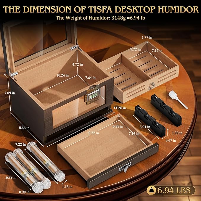 TISFA Cigar Humidor Cedar Wood Cigar Box with 2 Digital Hygrometer, 2 Humidifiers, Cedar Tray, Divider, Accessory Drawer, Glass Top Large Desktop Humidors and Acrylic Travel Cigar Tube Gifts Set - Image 4