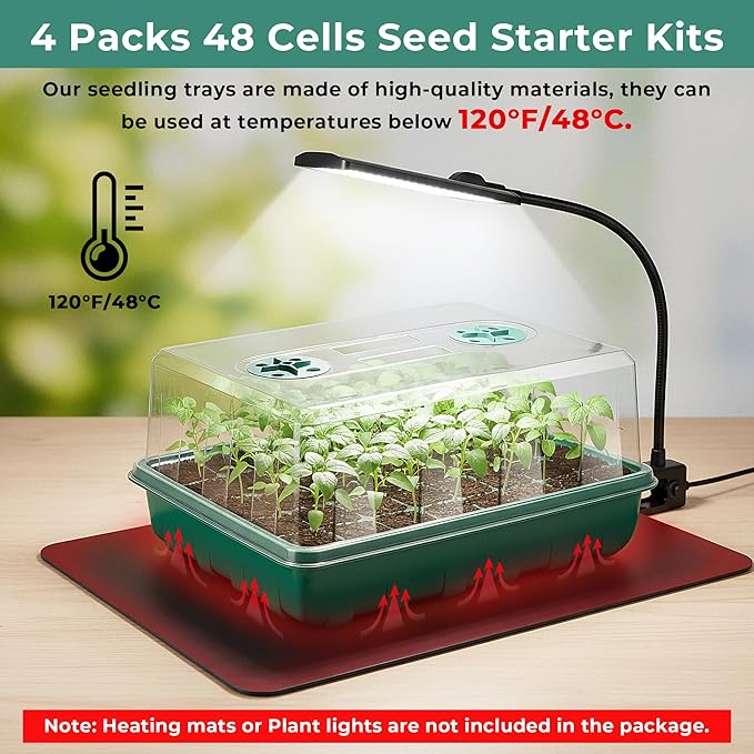 192 Cells Seed Starter Tray, 4 Packs Seed Starter Kit with Humidity Vented Domes and High Lid, Germination Kit for Indoor Greenhouse Seed Starter - Image 4