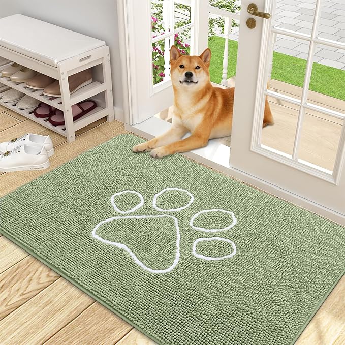 OLANLY Dog Door Mat for Muddy Paws 48x30, Paw Print Design, Absorbs Moisture and Dirt, Non-Slip Washable Doormat, Quick Dry Chenille Mud Mat for Dogs, Entry Indoor Entryway Carpet, Sage Green by OLANLY
