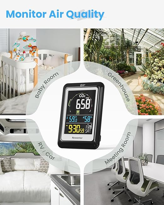 Newentor CO2 Monitor, Indoor Air Quality Meters, Carbon Dioxide Detector with Voice Alert, Large Display CO2 Tester, Temperature Humidity Sensor, Alarm Clock for Home, RV, Grow Tents, Black - Image 7