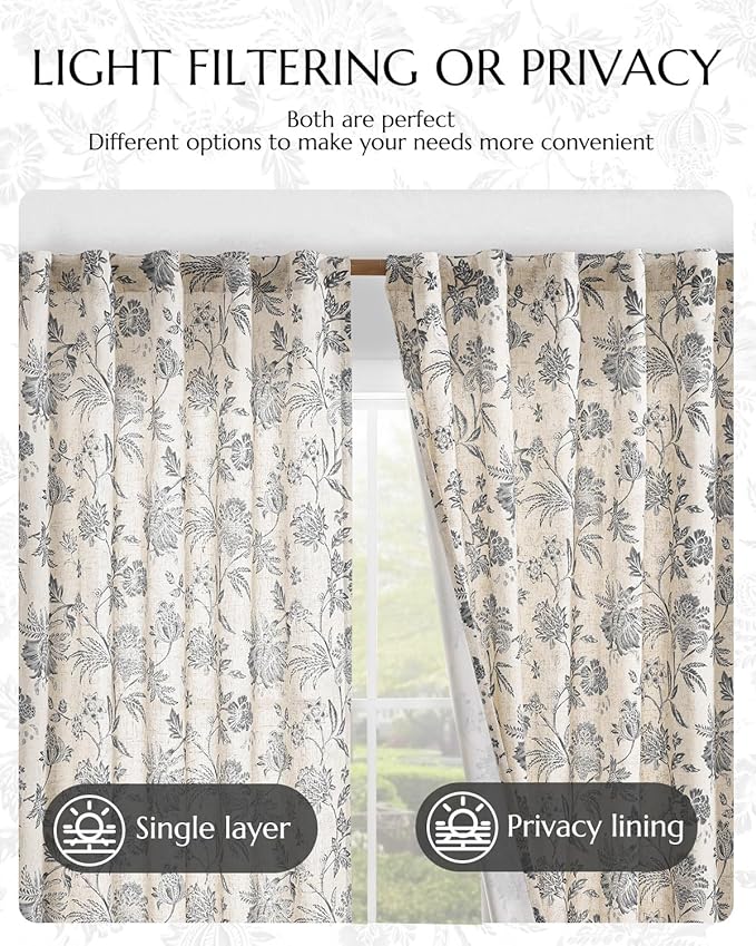 jinchan Lined Linen Floral Curtains for Living Room, 84 Inch Length Printed Flower Farmhouse Patterned French Country Back Tab Black Window Drapes Set Privacy Bedroom Curtains, 2 Panels - Image 6