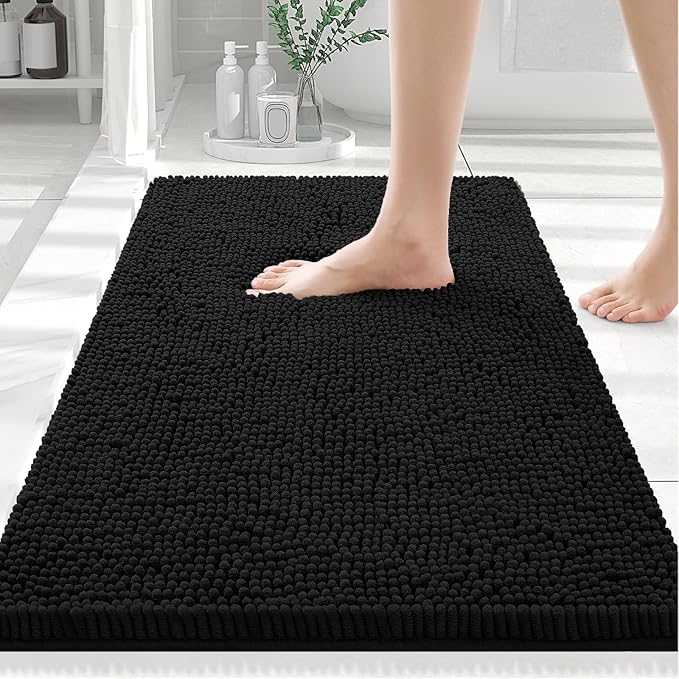 Smiry Luxury Chenille Bathroom Rugs 24x16, Extra Soft and Absorbent Shaggy Bath Mat, Machine Washable, Non-Slip Plush Carpet Runner for Tub, Shower, and Floor, Home Decor Accessories, Black by Smiry