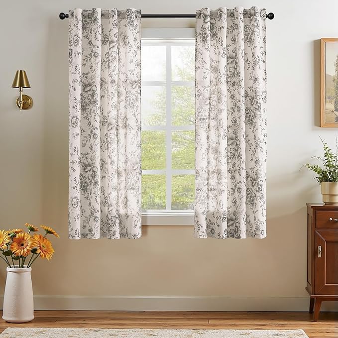 jinchan Linen Floral Curtains 63 Inch Length for Living Room Bedroom Light Filtering Farmhouse Peony Flower Drapes Rustic Window Curtain Set Rod Pocket Back Tab 2 Panels Black by JINCHAN