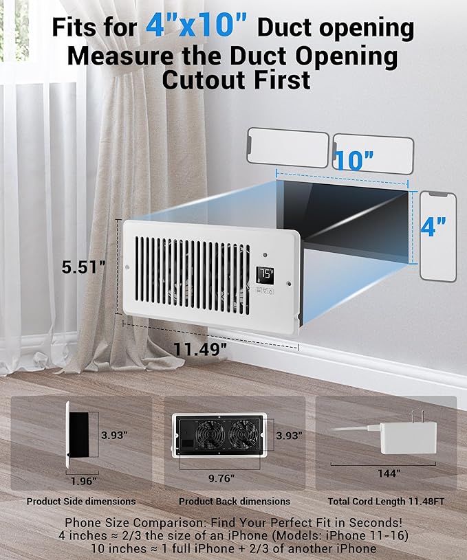 Window Register Booster Vent Fan For 4" x 10" Register Hole, Vent Booster Fan with LCD display & Thermostat,11-Speeds Household Ventilation Fans with Remote,Air Vents Fans Booster for Room, Home - Image 3