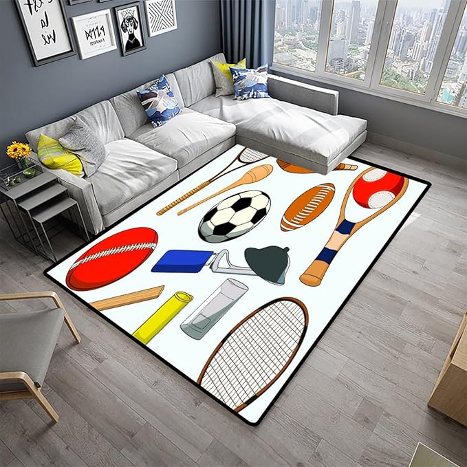 Area Rug, Sports Equipment Pattern Printing Lightweight Area Rugs Fade Resistant, Flame Resistant, Quick Dry, Stain Resistant, Waterproof Floor Carpet for Living Room Bedroom, 60 x 96 Inch - Image 2