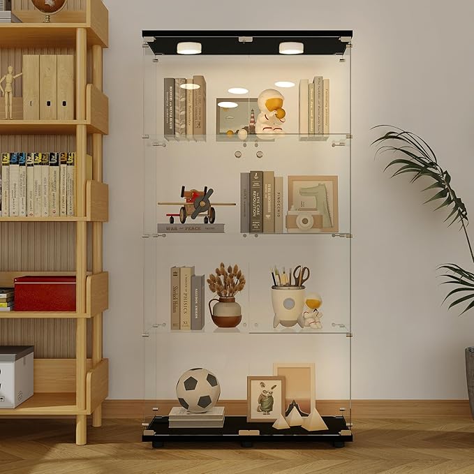 Yoluckea 4-Tier Glass Display Cabinet with Paipai Light, 2-Door Floor Standing Curio Cabinet with Adjustable Floor Feet for Home Office Corner Display, Black Glass Bookshelf for Collections and Decor - Image 6