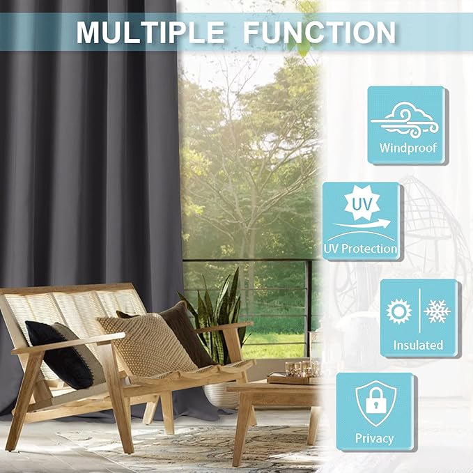 RYB HOME Extra Wide Outdoor Curtains for Patio Waterproof Tab Top Heavy Duty Thermal Insulated in Summer Full Coverage Privacy for Porch, Gazebo & Pergola, W100 x L95, Grey, 1 Panel - Image 7