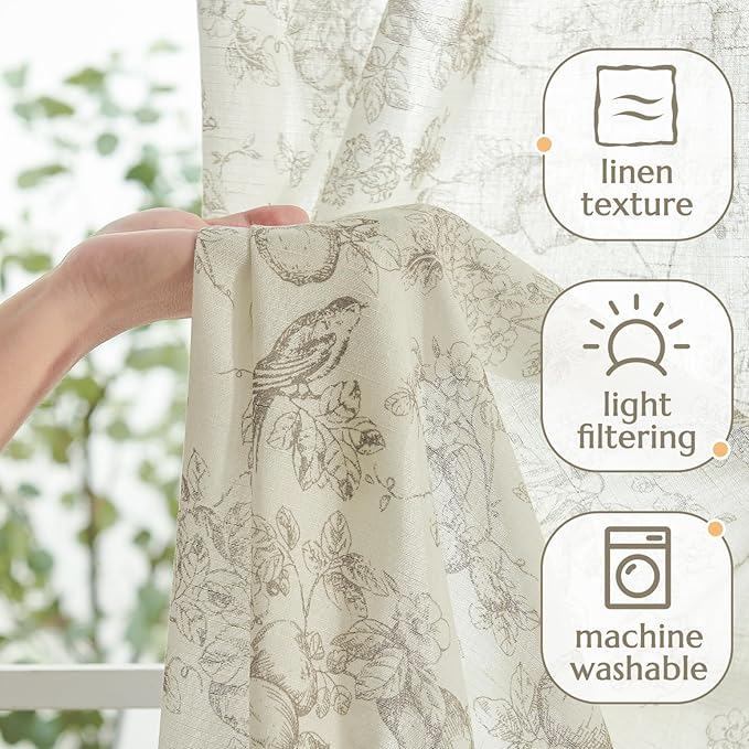 jinchan Linen Floral Curtains for Living Room 84 Inch Length Taupe Printed Flower French Country Curtain Farmhouse Cottage Core Toile Curtains Back Tab Light Filtering Window Drapes Set 2 Panels - Image 3