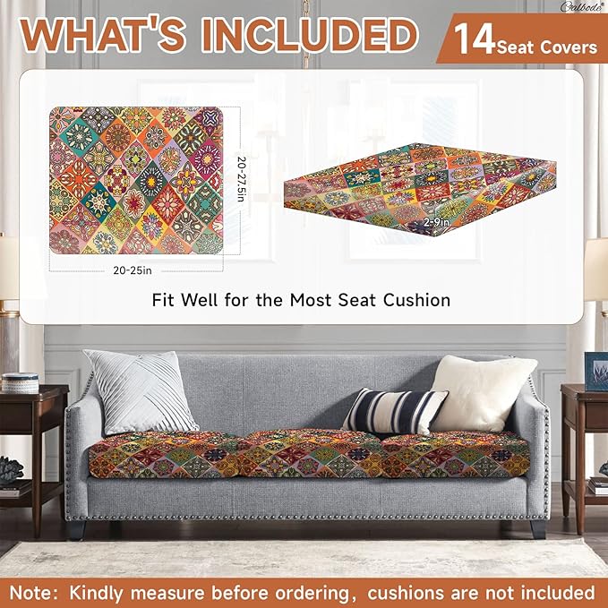 14Pcs Stretch Patio Cushion Cover, Bohemian Colored Geometric Pattern Couch Covers for Patio Furniture Cushions Washable Reusable Couch Covers Replacement for Fall Winter(Cover Only) - Image 2