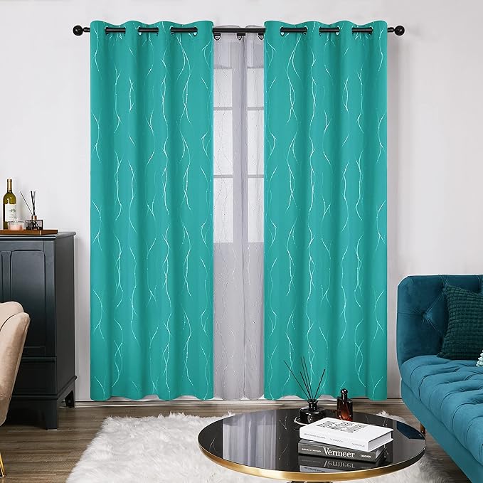 Deconovo Blackout Curtains for Living Room, Thermal Insulated Soundproof Drapes with Wave Dot Foil Print, 52 x 84 Inch, Set of 2, Machine Washable Window Curtain for Bedroom Nursery Kitchen, Turquoise - Image 2