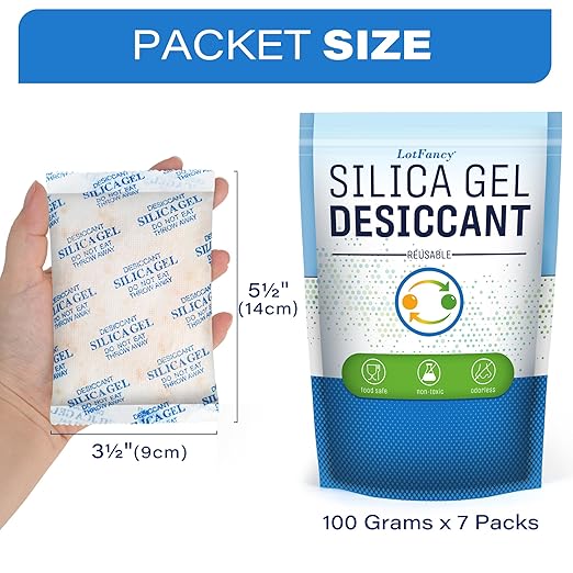 LotFancy Silica Gel Packets, 100 Gram 7 Packs Rechargeable Desiccant Dehumidifiers Packets, Moisture Absorber Drying Bag with Orange Indicator, Non-Toxic, Odorless - Image 7