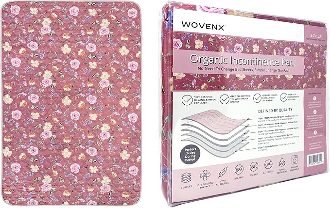 Organic Incontinence Pad for Period - Waterproof Protectors - Reusable Washable Pee Pad - Fits Twin to Full Size Beds - 100% Organic Viscose Derived from Bamboo - 34" x 52" Dark Flower - Image 8