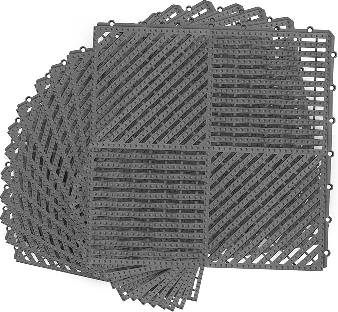 MYFAMIREA Modular Interlocking Cushion 12 Pack 11.8" x 11.8" Rubber Floor Tiles Non-Slip Splicing Drainage Mats for Deck, Pool, Shower, Patio, Balcony, Bathroom, Kitchen, Yard (1 Rows Dots, Dark Gray) by MYFAMIREA