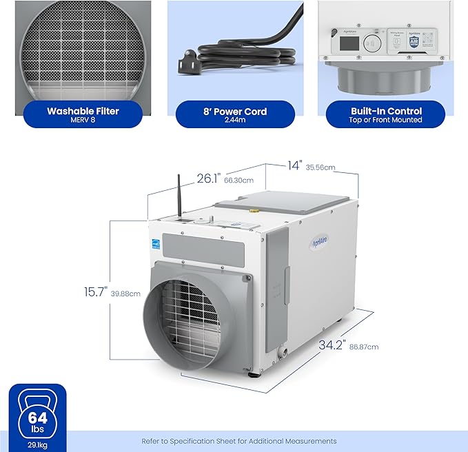 AprilAire E100W Smart Wi-Fi Whole-House Dehumidifier 100-Pint ENERGY STAR Commercial Dehumidifier for Basement, Crawl Space & Home up to 4,400 Sq.Ft. with Pump, Drain Hose, Hanging Kit, MERV 11 Filter - Image 13
