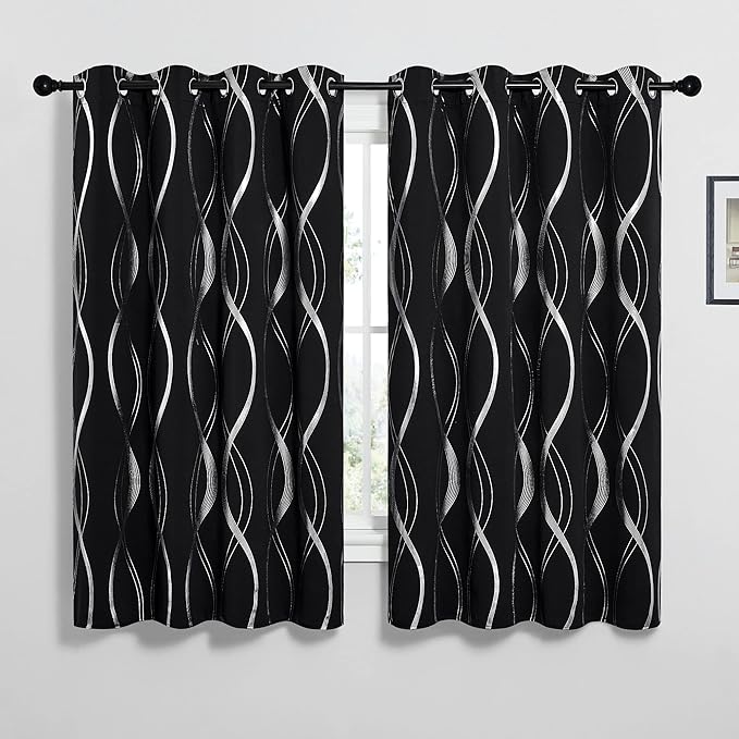 NICETOWN Black Out Window Curtains for Bedroom, Microfiber Noise Reducing Thermal Insulated Wave Line Foil Print Design Blackout Curtains for Office, Classroom (2 Panels, 52 x 45 Inch) - Image 2