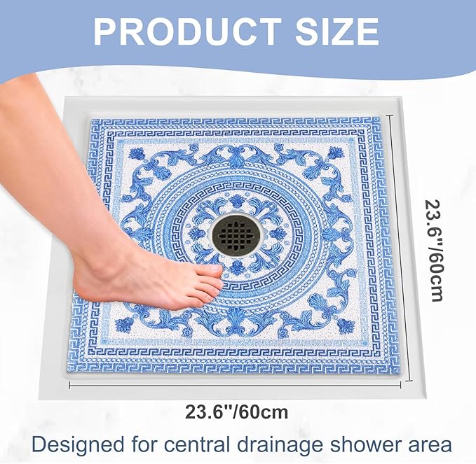 Square Shower Mat Non Slip: 24x24 Inch Extra Large Shower Mats with Drain Hole in Middle -Anti Slip Shower Mats for Inside Shower -Loofah Shower Floor Mat Bath Mat for Shower Stall Bathtub Elderly - Image 2