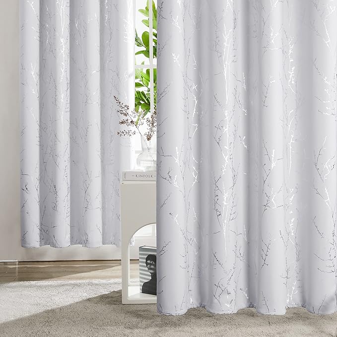 Deconovo Greyish White Curtains, Room Darkening Curtain, Thermal Insulated Soundproof Drapes, Silver Branch Print, 42 x 54 Inch Long, Grommet Window Panels for Living Room Bedroom Kitchen, Set of 2 - Image 3