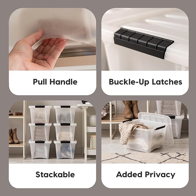 IRIS USA 19 Qt Stackable Plastic Storage Bins with Lids, 6 Pack - BPA-Free, Made in USA - Discreet Organizing Solution, Latches, Durable Nestable Containers, Secure Pull Handle - Pearl - Image 3