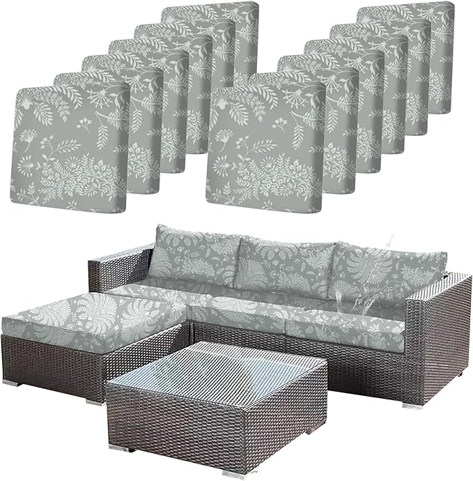 Ourdoor Cushion Covers Waterproof Set of 12 Floral Printed Stretch Patio Chair Cushino Covers for Patio Furniture Replacement,Washable Couch Covers for Furniture(Grey) by CALBODE