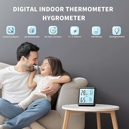 DOQAUS Room Thermometer Hygrometer, Digital Indoor Thermometer with Backlight, Large Screen Temperature Monitor Humidity Meter for Home, Bedroom, Baby Room, Office, Greenhouse (Black) - Image 3
