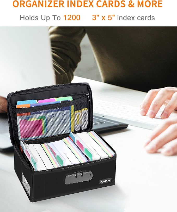JUNDUN Index Card Holder with Lock,Collapsible Fireproof Index Card Box fits 1200 3x5-Inch Flash Cards - Business, Recipe, or Note Card Storage Boxes - Black - Image 3