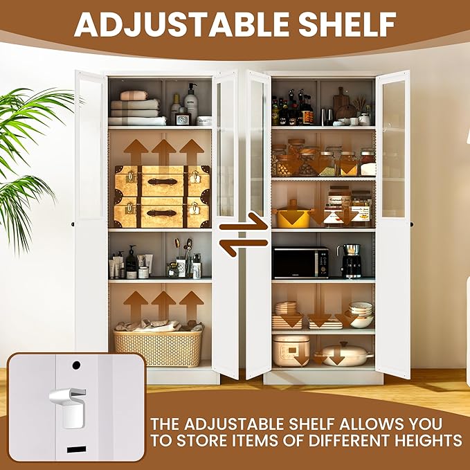 Metal Pantry Cabinet with Doors and 5 Adjustable Shelves, 72" Tall Kitchen Cupboard Storage Cabinets for Kitchen Dining Room Living Room Bathroom,Assembly Required (White) - Image 5