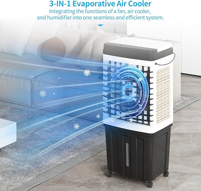 TABU 2953CFM Evaporative Air Cooler, 3-in-1 Portable Swamp Cooler with 9.3-Gal Water Tank, Cooling,Fan & Humidifier,120° Oscillation,3 Wind Speeds,7.5H-Timer,Remote Control,Ice Packs,Black - Image 3