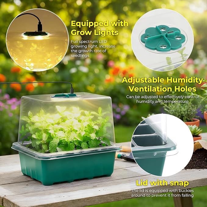 Seed Starter Tray with Grow Light, 6pcs Seed Starter Kits with Light and Adjustable Humidity Domes, Covers Height 3.9", Indoor Seedling Starter Plant Germination Trays (Green-Warm White) - Image 2