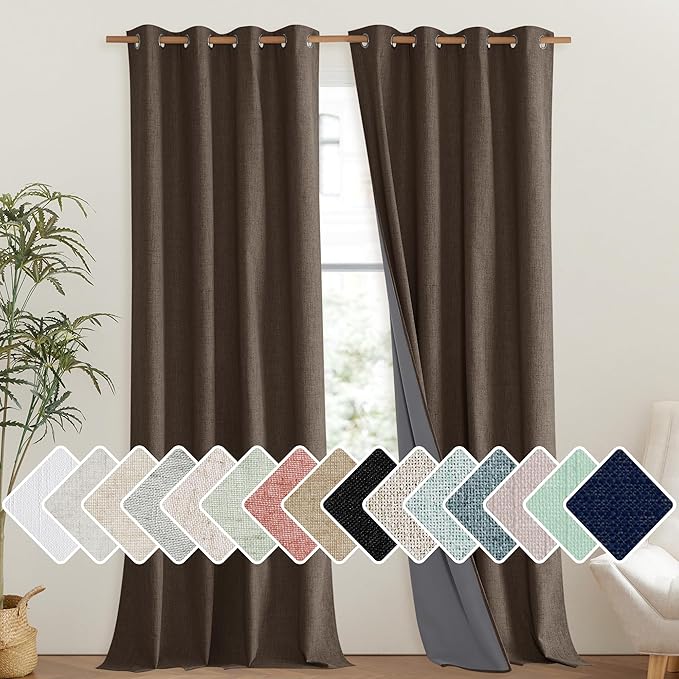 NICETOWN Coffee Vintage Linen 100% Blackout Curtains for Living Room, Thermal Insulated Curtains 102" Long, Noise Reducing Window Treatment Drapes for Hall Room, 52" Wide Per Panel, Set of 2 by NICETOWN