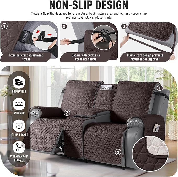 TAOCOCO 100% Waterproof Loveseat Recliner Couch Sofa Covers with Console,Double Reclining Couch Cover Non-Slip Sofa Slipcovers Washable,Furniture Protector Covers for Kids,Pets(2 Seater,Chocolate) - Image 5