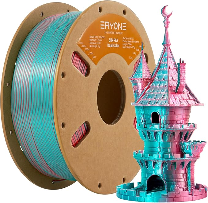 ERYONE Silk Dual Color PLA Filament 3D Printer 1.75mm +/- 0.03mm, Bicolor Filament Two Tone PLA 1KG(2.2lbs) Cardboard Spool, Teal&Orange Red by ERYONE