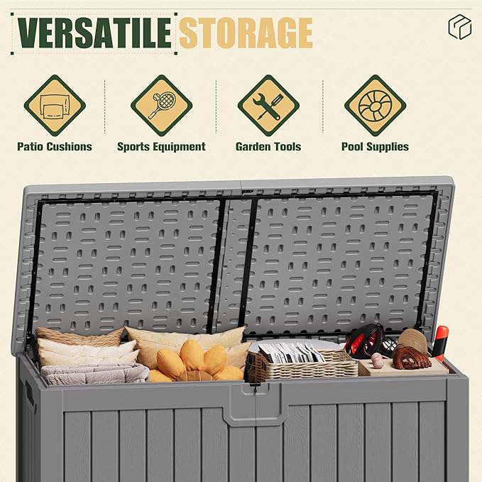 JUMMICO 250 Gallon Outdoor Resin Deck Box with Divider, Waterproof Storage Box with Lockable Lid&Side Handles for Garden Tools, Pools Supplies (Gray) - Image 3