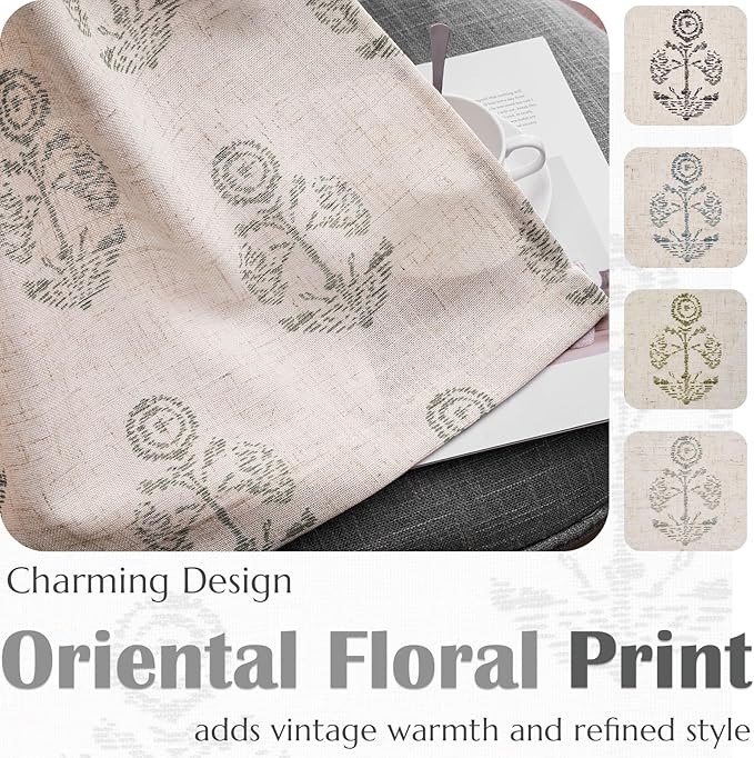 jinchan Linen Floral Curtains for Living Room 84 Inch Length Gray Flower Cottage Core Farmhouse Curtains Rod Pocket Back Tab Boho Semi Sheer Window Drapes Bedroom Set 2 Panels Grey on Beige - Image 5