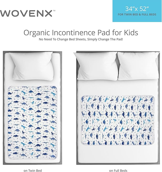 Organic Incontinence Pads for Kids & Toddlers - 5 Layer Waterproof Protectors for Overnight Bed Wetting - Reusable & Washable Pee Pads - Fits Twin to Full Size Beds - 34" x 52" Dinosaur - Image 6