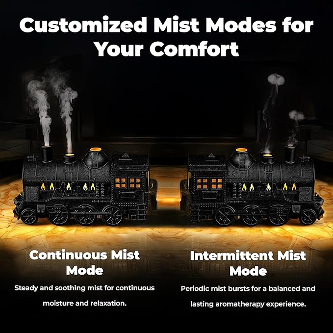 OMEO Black Small Train Aromatherapy Humidifier & Essential Oil Diffuser - Dual Mist, Quiet Ultrasonic, 300ML Tank, Remote Control, LED Light, Air Purifier for Home, Office, and Bedroom Use - Image 6