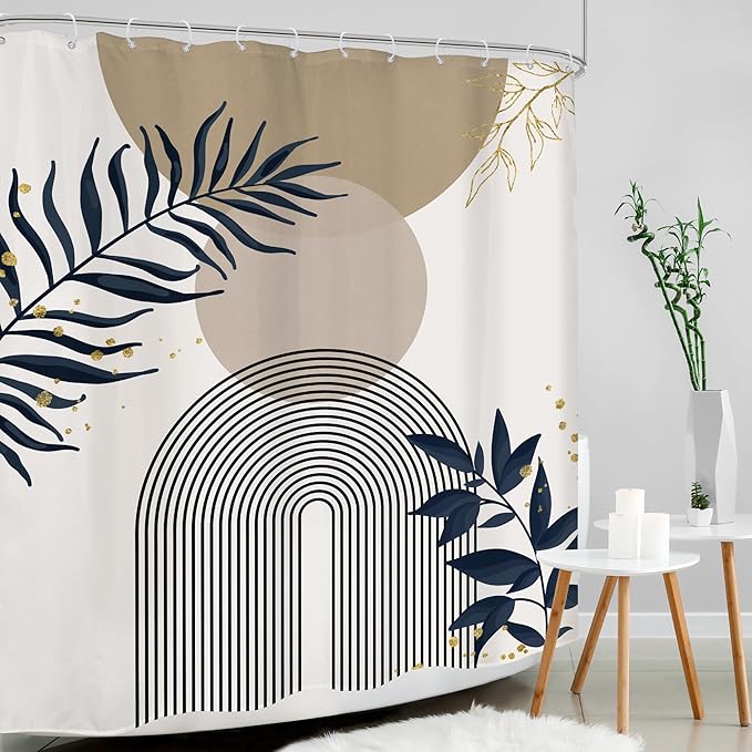 Boho Shower Curtain 60Wx72H Modern Mid Century Abstract Gold Leaves Bohemian Minimalist Geometric Arch Plant Botany Bathroom Decor Neutral Aesthetic Bath Curtain Fabric Polyester 12 Pack Hooks - Image 2