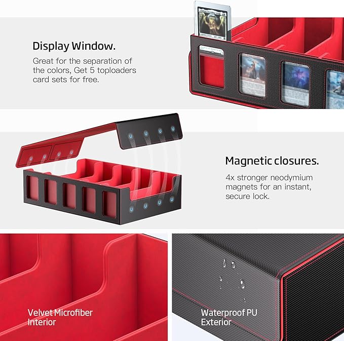 Trading Card Storage Box 5-Row 3900+ Capacity,TCG MTG Card Case with Magnetic Lid & Commander Display,Top Loader Storage for Sports Cards,Includes Dividers Dice Box（Black＆Red） - Image 5