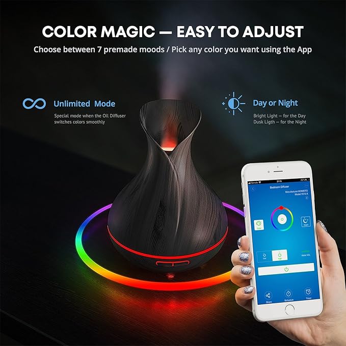 Smart WiFi Wireless Essential Oil Aromatherapy 400ml Ultrasonic Diffuser & Humidifier with Alexa & Google Home Phone App & Voice Control - LED & Timer Settings Dark Brown - Image 3