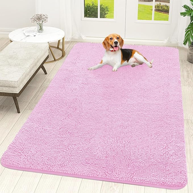 OLANLY Dog Door Mat for Muddy Paws 70x46, Absorbs Moisture and Dirt, Absorbent Non-Slip Washable Doormat, Quick Dry Chenille Mud Mat for Dogs, Entry Indoor Entryway Carpet for Inside Floor, Pink by OLANLY