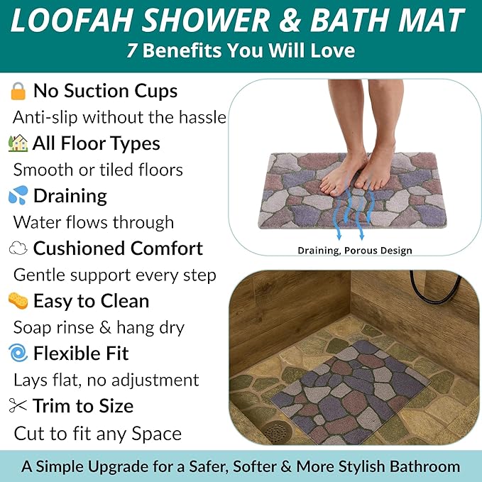 ENKOSI Loofah Non-Slip Shower and Bath Mat - Soft Cushioned Comfort - No Suction Cups for Smooth or Textured Tubs - Fast Draining - Safety for Bathroom, Family, Kids, and Elderly (24x16 Stone Path) - Image 4