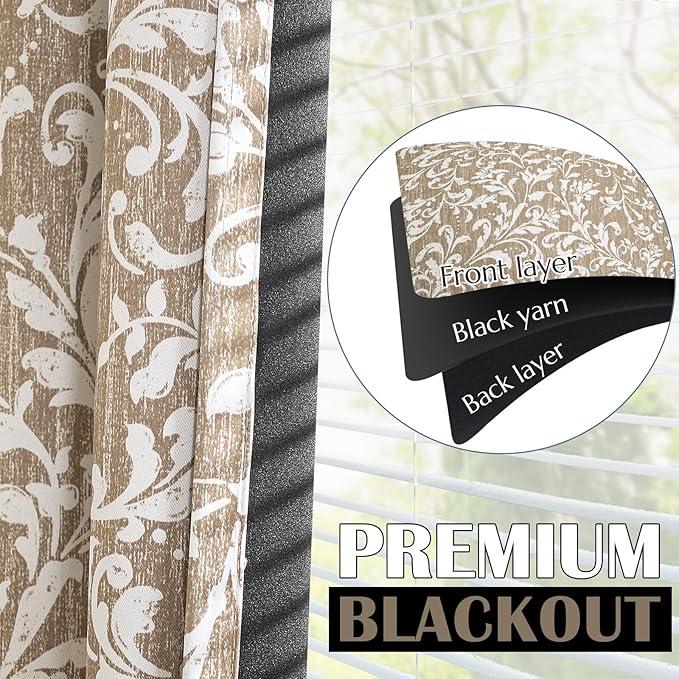 Vangao Taupe 100% Blackout Curtains 84 Inches Long for Bedroom Flower Curtains for Living Room Grommet Thermal Insulated Farmhouse Vintage Window Drapes 2 Panels - Image 3